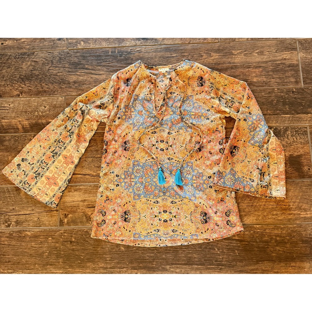 Paani Womens Boho Paisley Tassel Tie Top With Bell Sleeves